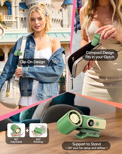 Clip-On Portable Fan for Strollers Travel, Rechargeable Turbo Personal Fan | Clip to Bag Strap Hat Stroller Shirt Desk Car Seats, Small 4 Speed 360° Rotate, Led Display, Turbo 13500RPM, Travel Essential - color: Green