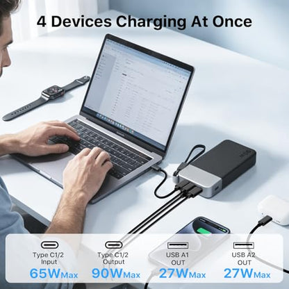 NOBIS Portable Charger 20000mAh 90W Power Bank w/Detachable Cable | 2C+2A USB-C Fast Charging Battery Pack with LED Display,Battery Bank for Laptops, Tablets, Phones and Steam Deck - color: Black