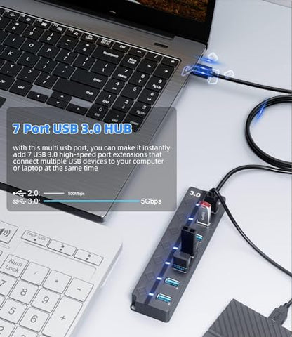 Eanetf 7-Port USB 3.0 Hub On/Off Switches 5Gbps for Laptop | 7-port USB 3.0 hub, Individual on/off switches with LEDs, 5Gbps high-speed data, 4ft cable, For laptop/PC/MacBook/PS5/HDD,