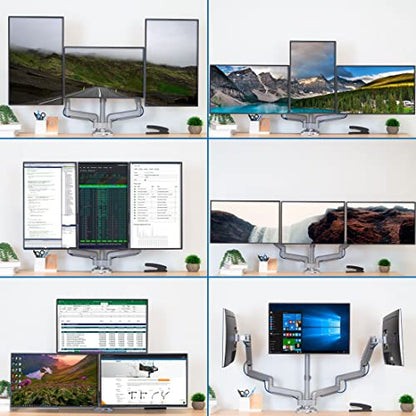Mount-It! Triple Monitor Mount with Gas Spring Arms, Fits 24–32 Inch Screens, USB & Audio Ports, Full Motion Desk Stand with Tilt, Swivel & Rotation, Heavy Duty Silver 3 Screen Arm with Clamp