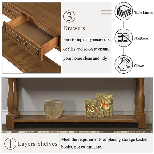 60" Solid Wood Console Table for Entryway,Sofa Table with Drawers | 60" Farmhouse Entryway Table with Storage Drawers & Shelf,Solid Wood Long Sofa Table for Hallway,Entry,Easy Assembled,Brown - color: Brown