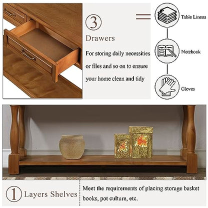 60" Solid Wood Console Table for Entryway,Sofa Table with Drawers | 60" Farmhouse Entryway Table with Storage Drawers & Shelf,Solid Wood Long Sofa Table for Hallway,Entry,Easy Assembled,Brown - color: Brown