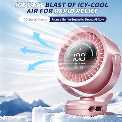 Portable Clip on Fan, Rechargeable USB Desk Fan with Turbo Airflow, 100 Speeds LED Display, 360° Rotation, Small Quiet Battery Powered Fan for Stroller Outdoor Travel Camping Golf Cart, Pink - color: Pink