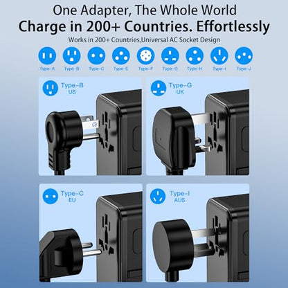 100W GaN Universal Travel Adapter - 6-in-1 International Plug Adapter Wall Charger for 200+ Countries, Built-in USB-C Cable Multi Port Fast Charging Worldwide - US/EU/UK/AUS