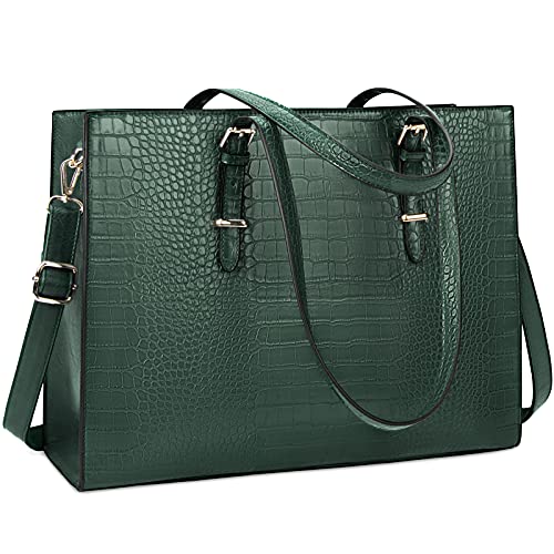 Laptop Bag for Women 15.6 Inch Crocodile Leather Tote Bag Water-resistant Work Briefcase Business Computer Shoulder Bag for Travel Teacher Nurse Professional Handbag - color: Green