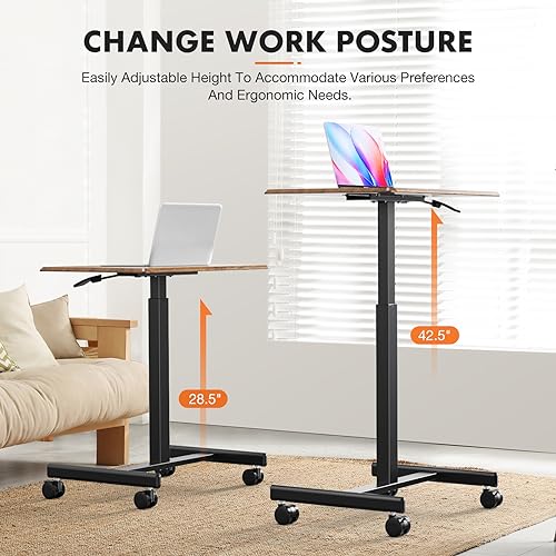 Sweetcrispy Mobile Rolling Desk, Small Standing Desk with Wheels | Adjustable Height Sit Stand Table, Portable Computer Workstations for Home Office, Brown - color: Brown