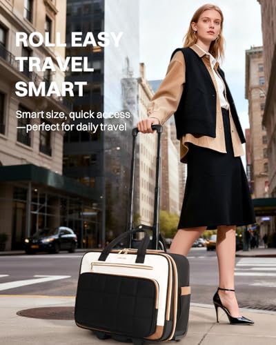 Rolling Puffer Laptop Bag, Rolling Briefcase for Women, Wheeled 16 Inch Computer Bag, Water Resistant Stylish Overnight Underseat Carry On Luggage with Wheels for Work Travel Business,Beige Brown - color: Saffiano Beige Brown