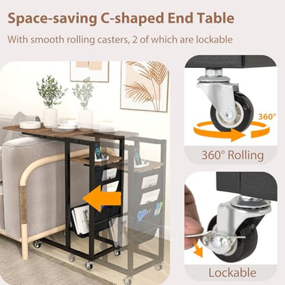GIANTEX 27" C Shaped End Table w/Charging Station, Rolling Wheels | Slide Under Couch, Outlets & USB Port, Side Table Nightstand Small Laptop Sofa TV Tray C Table for Living Room, Rustic Brown