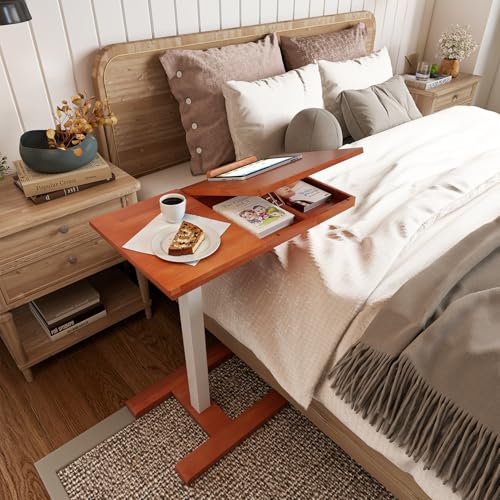 28" W x 16" D Tilt Desktop Overbed Table with H-Shaped Sturdy Base, Premium Rubberwood with 360° Concealed Casters, Moveable Bedside Table for Home,Office,Hospital Use (Wood) - color: Wood, style: Tilt