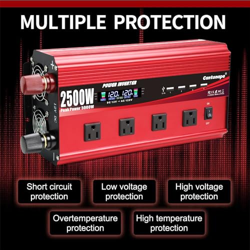 Cantonape 2500W Power Inverter 12V to 110V/120V DC to AC with LCD Display, Remote Controller 4 x AC Outlets and 4 x 3.1A USB Car Adapter for Car Truck Boat RV Solar System - size: 2500W-12V