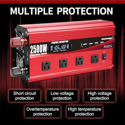 Cantonape 2500W Power Inverter 12V to 110V/120V DC to AC with LCD Display, Remote Controller 4 x AC Outlets and 4 x 3.1A USB Car Adapter for Car Truck Boat RV Solar System - size: 2500W-12V