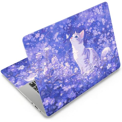 DEGDFSGR 12.1-15.6 Inch Universal Reusable Laptop Skin Sticker Decal,Waterproof Removable Protector for Notebook Cover,Scratch-Resistant Vinyl Cuttable Full Wrap Sticker, Cate Cat Purple Flower Garden - color: Cate Cat Purple Flower Garden