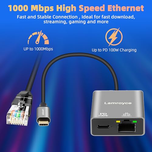USB-C to Ethernet Gigabit Adapter with 100W Power Delivery, USB 3.1 Type-C to RJ45 1000Mbps Ethernet LAN Network Dongle Adapter, Charging and Surfing 2 in 1 for PC, Laptop, Tablet, Smartphone