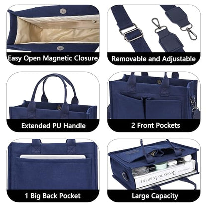 ZHMO Canvas Tote Bag for Women,Women's Bags Crossbody Bags Work Laptop Tote Bag Large Handbags Purse for Travel Nurse Teacher - color: Navy Blue With Compartments