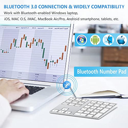 Lekvey Bluetooth Number Pad, Aluminum Rechargeable Wireless Numeric Keypad Slim 34-Keys External Numpad Keyboard Data Entry for Laptop, MacBook, MacBook Air/Pro, iMac, Windows, Surface Pro - Silver - color: White and Silver