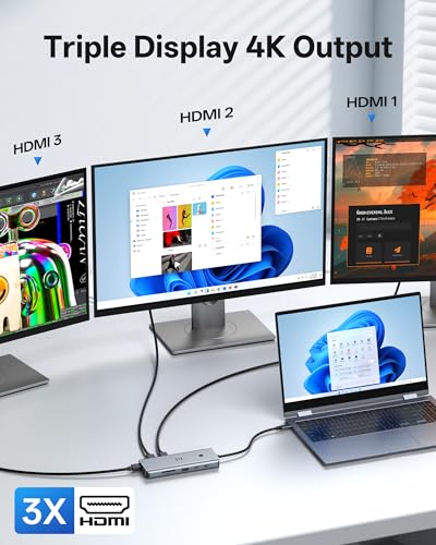 USB C Docking Station 3 HDMI, Selore 13-in-1 Docking Station 3 Monitors with Triple HDMI, 10Gbps USB A/C 3.1, 100W PD Charging, Gigabit Ethernet, SD/microSD Reader for Windows Laptops Dell/HP/Lenovo