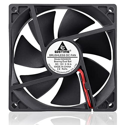GDSTIME 92mm x 25mm 12V 2-Pin Dual Ball Bearings Brushless DC Cooling Fan | for Wine Cooler, RV Fridge, Power Supply, Dehumidifier, Inverter, Humidor, 92x92x25mm, 9225, 12 Volt Computer PC Case Fans - size: 92x25mm