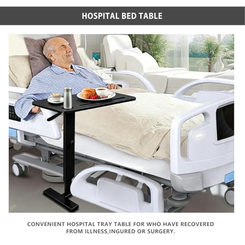BeGyoku Overbed Table with Hidden Wheels, Pneumatic Height Adjustable Rolling Bedside Table, Hospital Home Use (Black) - color: Black