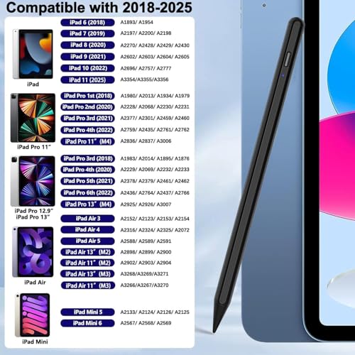Stylus Pen for iPad 2025-2018 Active Pen 11th & 10th Gen Fast Chagring Stylus Pencil with Palm Rejection for Apple iPad 11th/A16/10/9/8/7/6th,Pro 12.9/11/13 inch M4,Air M2/M3/5/4/3,Mini A16/5th/6th - color: Black