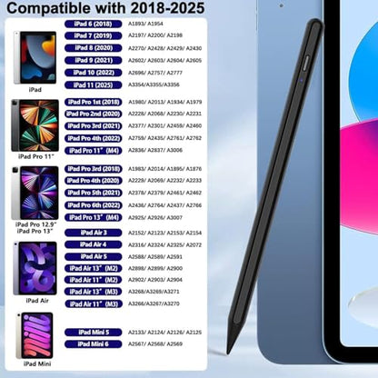 Stylus Pen for iPad 2025-2018 Active Pen 11th & 10th Gen Fast Chagring Stylus Pencil with Palm Rejection for Apple iPad 11th/A16/10/9/8/7/6th,Pro 12.9/11/13 inch M4,Air M2/M3/5/4/3,Mini A16/5th/6th - color: Black