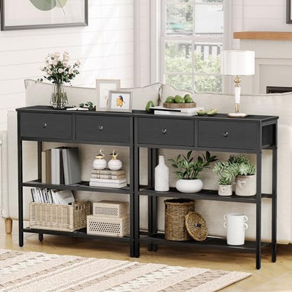 HOOBRO 29.5" Narrow Console Table with 2 Fabric Drawers, Sofa Table, Small Entryway Table with 3-Tier Storage Shelves, Behind Couch Table, for Living Room, Hallway, Black BB72XG01 - color: Black