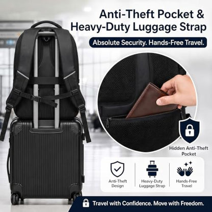 Business Laptop Backpack 17.3 Inch, Water Resistant Travel Computer Bag with Luggage Strap, Anti-Theft Work Backpack for Women & Men, Airline Approved Carry-On for Office College & Commute - color: Black