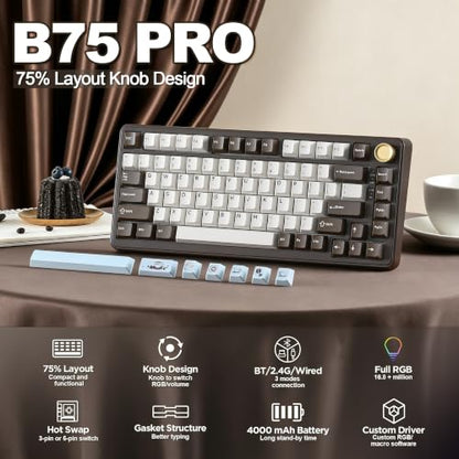 YUNZII B75 PRO Wireless Mechanical Gaming Keyboard | Custom 75% Layout with Knob,Gasket Mount,Hot Swap,Creamy Pre-lubed Switch,BT/USB-C/2.4G (Coffee Brown, Milk Switch) - color: Coffee Brown, size: Milk Switch