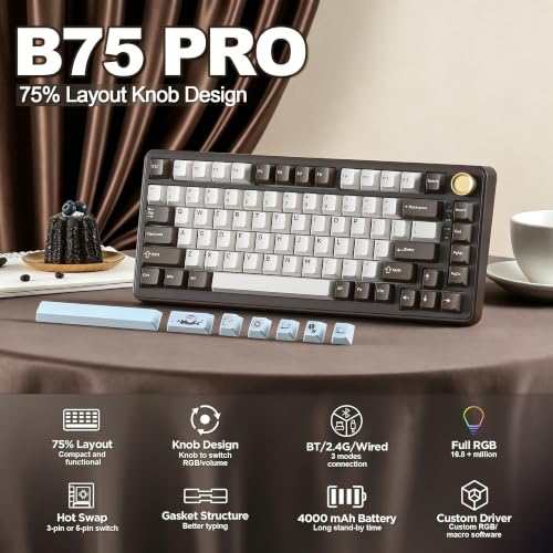 YUNZII B75 PRO Wireless Mechanical Gaming Keyboard | Custom 75% Layout with Knob,Gasket Mount,Hot Swap,Creamy Pre-lubed Switch,BT/USB-C/2.4G (Coffee Brown, Cocoa Cream V2 Switch) - color: Coffee Brown, size: Cocoa Cream V2 Switch
