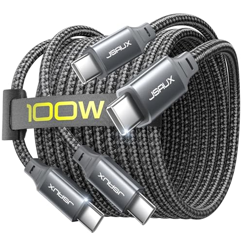 JSAUX 100W USB C to USB C Cable [2-Pack 15FT], Type C Fast Charging Cord for iPhone 17 Air/iPhone 17/iPhone 17 Pro/iPhone 17 Pro Max, iPhone 16/15 Series, Galaxy S/Note Series, MacBook, iPad - Grey - color: Grey, size: 15ft+15ft