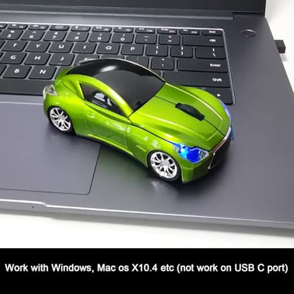 Car Mouse for Computer, Wireless Car Shaped Mice for Laptop, PC, Mini Cute Mouse with 2.4Ghz USB Receiver, 3D, 1600DPI, Silent Clicks, LED Headlights (Green) - color: Y-Green