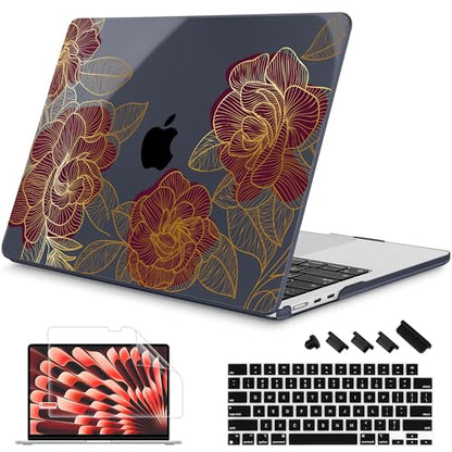 Mektron for 2026/2025/2024/2023 MacBook Air 15 INCH M5 A3448 /M4 A3241 /M3 A3114 /M2 A2941 Case, Printed Plastic Hard Shell Cover with 15.3" Liquid Retina Display Touch ID, Golden Rose - color: Golden Rose