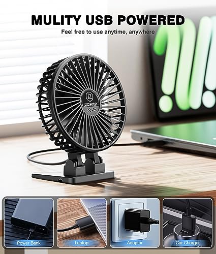 JZCreater USB Desk Fan, Mini Portable, 3 Speeds Desktop Table Cooling, Plug in Power, Rotation Strong Wind, Quiet Personal Small for Home Office Travel Bedroom, Black - color: Black Black