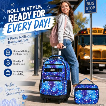3Pcs Rolling Backpack for Girls Women, Travel Roller Backpacks with Wheels for Adults, Teens College Love Polka Dots Wheeled Bookbag with Lunch Box(Blue) - color: Blue