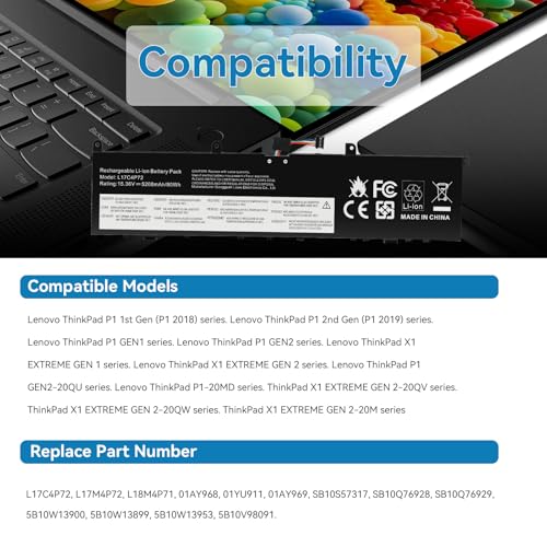 Futurebatt L17C4P72 Laptop Battery Compatible with Lenovo ThinkPad X1 Extreme 1st Gen/2nd Gen ThinkPad P1 1st/2nd Gen Series L17M4P72 01AY968 01AY969 L18M4P71 01YU911 5B10V98091 SB10Q76929 SB10Q76928 - size: L17C4P72