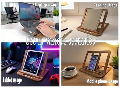 Wooden Laptop Stand for Desk & Wood - Style Laptop Stand, Foldable and Adjustable Ergonomic Notebook, Book, Phone & Tablet Stand, 6 - Gear Angle Adjustment, Cooling for 10-15.6 Inch