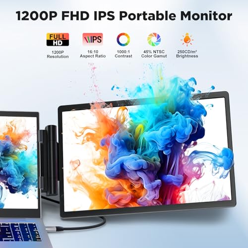 Laptop Screen Extender, 14" 1200P FHD IPS Light & Portable Triple Monitor 16:10 for 13.3"-16" Laptops, USB-C & HDMI Plug & Play Monitor Extender with Metal Stand for Mac/Wins/Android/Chrome