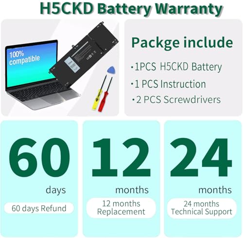 53Wh H5CKD 15V Battery Replacement for Dell Inspiron 5400 5406 7405 7300 | 7306 7500 7506 2-in-1 Silver 5300 5301 5401 5402 5408 5409 5501 5502 5508 5509 Series Latitude 3410 3510 Vostro 5300 5301 - size: 9.38*3.88*0.25inch H5CKD
