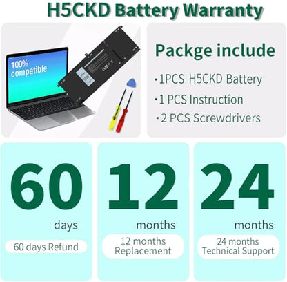 53Wh H5CKD 15V Battery Replacement for Dell Inspiron 5400 5406 7405 7300 | 7306 7500 7506 2-in-1 Silver 5300 5301 5401 5402 5408 5409 5501 5502 5508 5509 Series Latitude 3410 3510 Vostro 5300 5301 - size: 9.38*3.88*0.25inch H5CKD