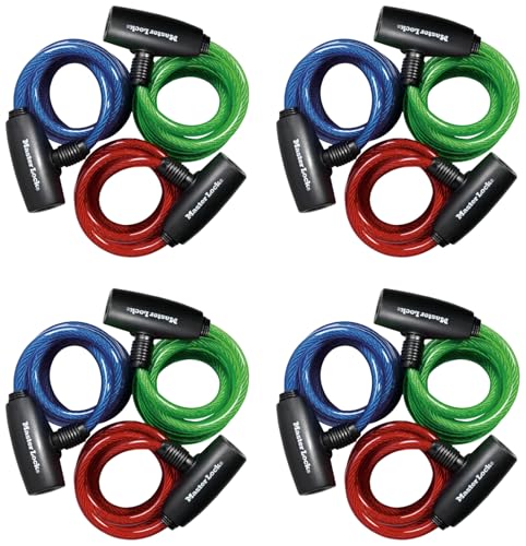 Master Lock Bike Lock Cables with Key, Blue, Green, and Red 3-Count of Keyed-Alike Bicycle Cable Locks, 6 ft. Long, 8127TRI (Pack of 4) - size: 6 ft. Long (Pack of 4)