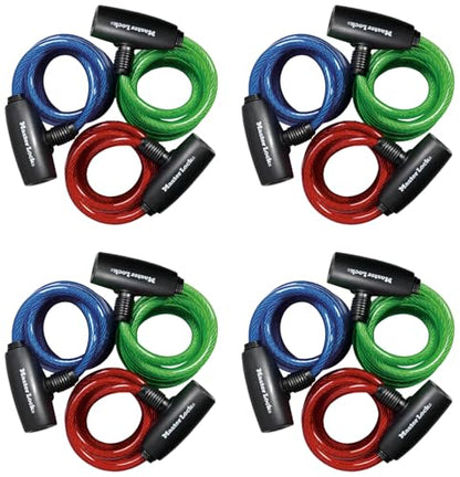 Master Lock Bike Lock Cables with Key, Blue, Green, and Red 3-Count of Keyed-Alike Bicycle Cable Locks, 6 ft. Long, 8127TRI (Pack of 4) - size: 6 ft. Long (Pack of 4)