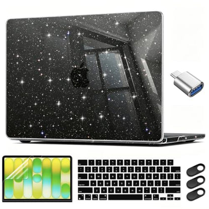 CISSOOK Black Glitter Case for MacBook Air 13.6 inch 2025 2024 2022 Release Model A3240 A3113 A2681, Sparkly Black Hard Shell Case with Keyboard Cover USB Adapter for MacBook Air 13 M2 M3 M4 | A3449 A3240 A3113 A2681, Sparkly Hard Shell Case Keyboard Cove