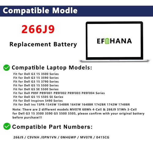 51Wh 266J9 Battery Replacement for Dell G3 15 3590 3500 G5 15 5500 SE 5505 P89F Inspiron 5490 INS 15PR-1545W 1548BR 1645W 1742BR 1742W Series 0415CG C9VNH 0PN1VN 0M4GWP 11.4V 3-Cell - size: 10.35×3.43×0.29 in 266J9