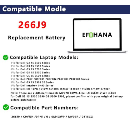 51Wh 266J9 Battery Replacement for Dell G3 15 3590 3500 G5 15 5500 SE 5505 P89F Inspiron 5490 INS 15PR-1545W 1548BR 1645W 1742BR 1742W Series 0415CG C9VNH 0PN1VN 0M4GWP 11.4V 3-Cell - size: 10.35×3.43×0.29 in 266J9