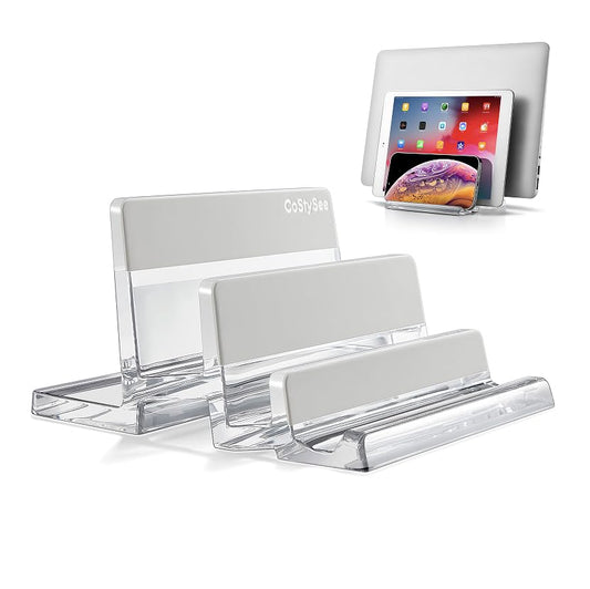 3-Slot Vertical Laptop Stand Laptop Holder for Desk Made of Premium Acrylic to Space-Saving for All Laptop/MacBook/Tablet/Phone (Transparent)