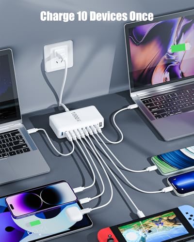 USB C Charger 1000W USB C Charger Block,Upgraded GaN IV 10-Port Charging Station Hub,Travel Essentials 140W Fast Charging Laptop Adapter for MacBook Pro/Air,DELL,Steam Deck,iPhone 17/16,Galaxy S25/24 - color: White
