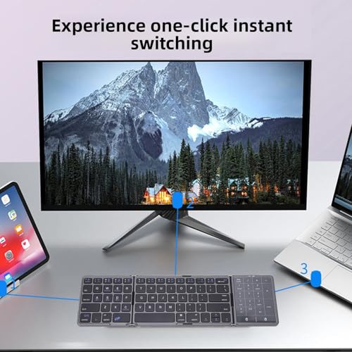 Foldable Bluetooth Keyboard with Touchpad and Number Pad, 3 Devices, Bluetooth 5.1, Rechargeable Full Size Ultra Slim Keyboards for Phone, Tablet, Laptop (Gray) - color: Gray