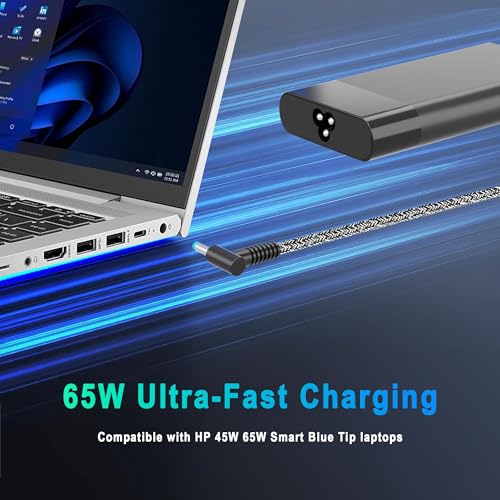 New Slim 65W 45W Laptop Charger Compatible with HP Laptop Charger Computer Spectre x360 Envy Elitebook x360 Pavilion Braided Cable Smart Blue Tip Power Cord Ac Adapter | 4.5x3.0mm Blue Tip, Braided Cable AC Adapter, fits HP Laptop Computer Spectre x360 En