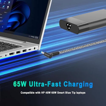 New Slim 65W 45W Laptop Charger Compatible with HP Laptop Charger Computer Spectre x360 Envy Elitebook x360 Pavilion Braided Cable Smart Blue Tip Power Cord Ac Adapter | 4.5x3.0mm Blue Tip, Braided Cable AC Adapter, fits HP Laptop Computer Spectre x360 En