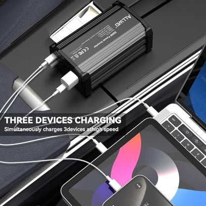 ALLWEI 300W Car Power Inverter 12V DC to 110V AC Car Inverter-Black | with 27W PD USB-C&18W USB-A Fast Charging, Car Charger Cigarette Adapter for Phone, Laptop and Small Devices on Road Trip