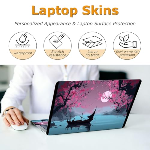 Universal Laptop Skin Sticker with 2 Wrist Pad Decals, 3-Piece Removable Vinyl Laptop Cover, Boat Moonlit Night Waterproof Anti-Scratch, Easy-Trim Fit for 13.3" 14" 15.6" Laptops - color: Boat Moonlit Night